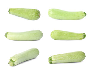 Set of fresh whole squashes on white background
