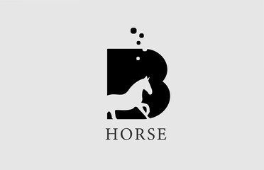 B horse alphabet letter logo icon with stallion shape inside. Creative design in black and white for business and company