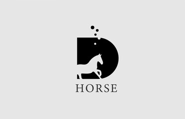 D horse alphabet letter logo icon with stallion shape inside. Creative design in black and white for business and company