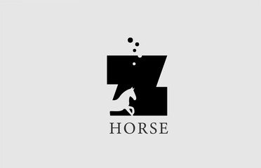 Z horse alphabet letter logo icon with stallion shape inside. Creative design in black and white for business and company
