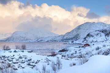 Fototapeta na wymiar Paisaje nevado en el ártico. Sommaroy, Nordland, Noruega