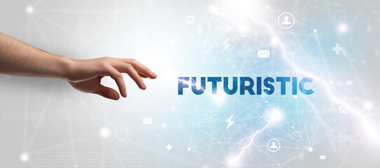 Hand pointing at FUTURISTIC inscription, modern technology concept