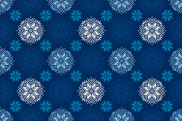 Winter Holiday Pixel Pattern. Seamless Snowflakes Ornament. Scheme for Knitted Sweater Pattern Design.