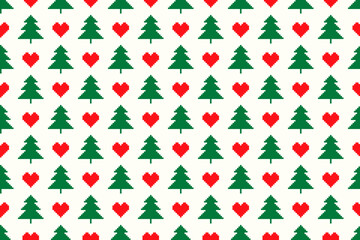 Christmas Pixel Seamless Pattern. Christmas Trees and Hearts Argyle Ornament. Vector Seamless Holiday Design Background.