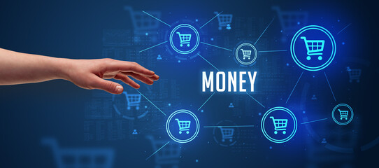 Close-Up of cropped hand pointing at MONEY inscription, online shopping concept