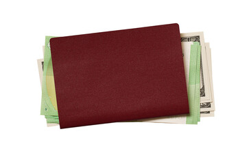 dollar and euro bills lie on the table, on top of a burgundy passport. isolated