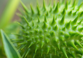 Naklejka na ściany i meble Detail of spiky seed capsule of hallucinogen plant Devil's Trumpet (Datura Stramonium), also called Jimsonweed. Shallow depth of field and blurred background. Close-up