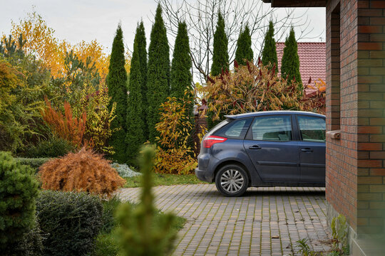 Back part of the car parked near the garage on the background of garden.