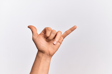Hand of caucasian young man showing fingers over isolated white background gesturing Hawaiian shaka...