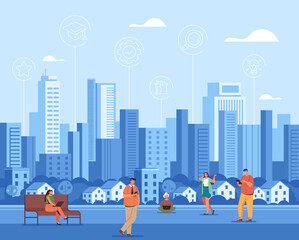 Smart city and people using phone and laptop concept. Vector flat cartoon graphic design illustration