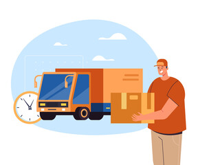 Delivery courier character man holding box. Vector flat cartoon graphic design illustration