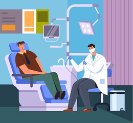 Dentist doctor character with patient in office office. Vector flat cartoon graphic design illustration