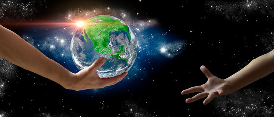 Fototapeta na wymiar Man's hands delivering Planet Earth into a girl's hands. Save the planet. Concept of ecology. Elements of this image furnished by NASA