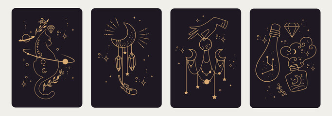 Set of mystical templates for tarot cards, banners, flyers, posters, brochures, stickers. Hand-drawn. Cards with esoteric symbols. Witchcraft. Silhouette of hands, planets, moon phases and crystals.  - 392729647