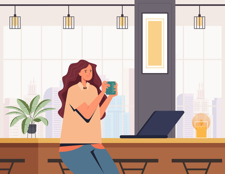 Business woman character drinking coffee alone in cafe bar concept. Vector flat cartoon graphic design illustration