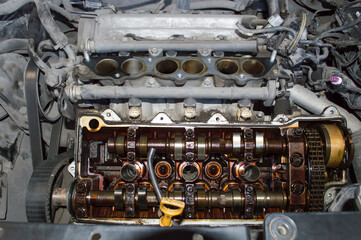 V6 internal combustion engine with valve cover removed
