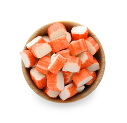 Cut crab sticks in bowl on white background, top view