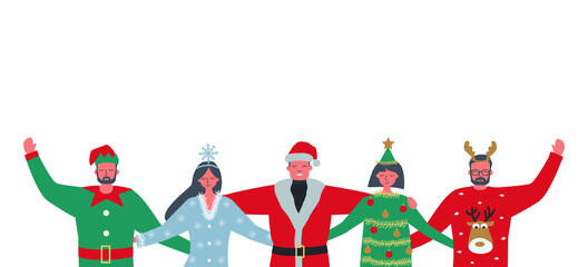 Young people wearing Christmas costumes stand together and hug. Best friends at a Christmas party. There is Santa Claus, Christmas tree, Elf, Snowflake and Deer in the picture. Vector illustration