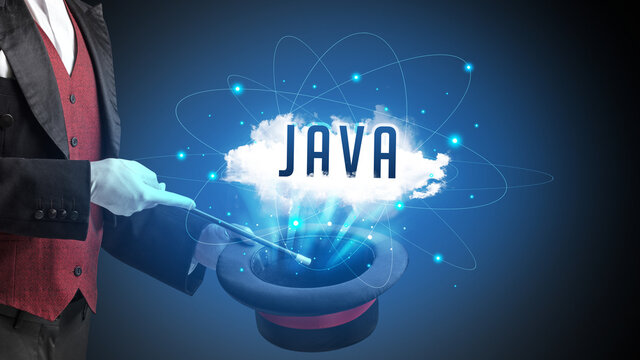 Magician is showing magic trick with JAVA abbreviation, modern tech concept