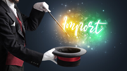 Magician hand conjure with wand and Import inscription, shopping concept