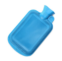 Blue rubber hot water bottle isolated on white, top view
