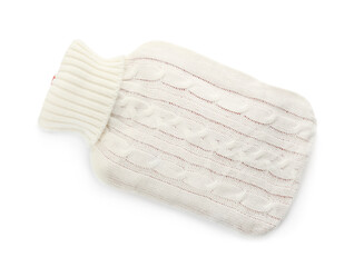 Hot water bottle with knitted cover isolated on white, top view