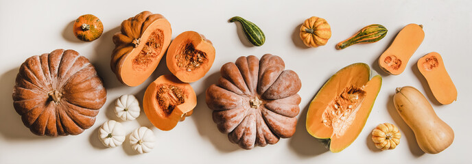 Fototapeta na wymiar Fall or winter vegan cooking layout. Flat-lay of pumpkins of different sizes and colors for cooking over white plain background, top view. Vegan, vegetarian food, alkaline diet, clean eating