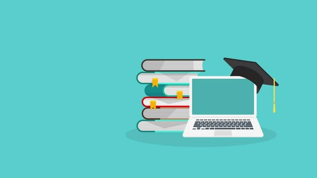 E-learning, online education at home. Concept of webinar, business online training, education on computer or e-learning concept. HD animation.