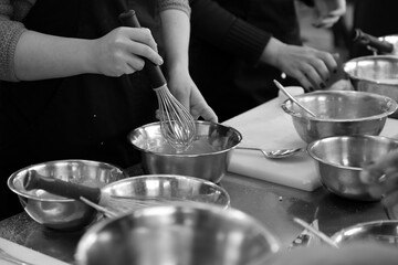 metal bowls in the restaurant kitchen