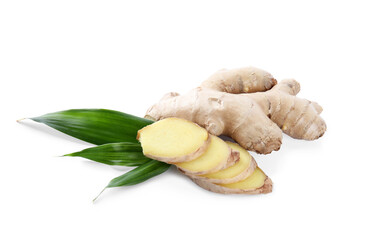 Whole and cut fresh ginger with leaves isolated on white