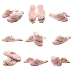 Collage with fluffy slippers on white background