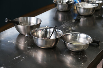 metal bowls in the restaurant kitchen