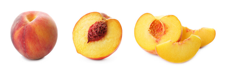 Set of ripe peaches on white background, banner design