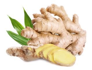 Aromatic fresh ginger with green leaves on white background