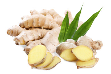 Aromatic fresh ginger with green leaves on white background