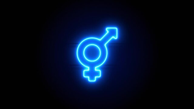Transgender neon sign appear in center and disappear after some time. Animated blue neon icon on black background. Looped animation.