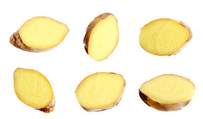 Set of fresh ginger slices on white background