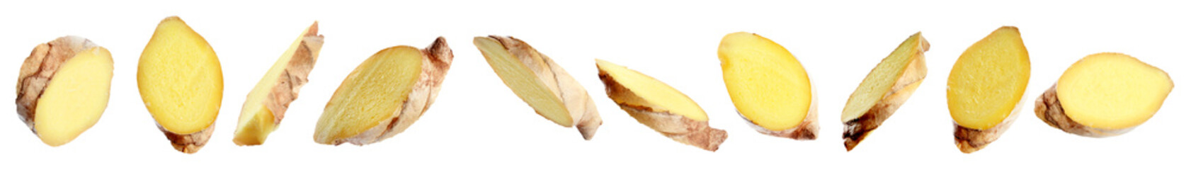 Set of fresh ginger slices on white background. Banner design