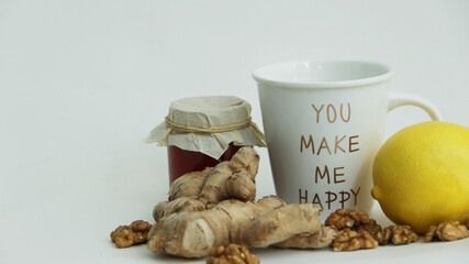 strengthen the immune system in winter with natural vitamins ginger tea honey lemon walnuts