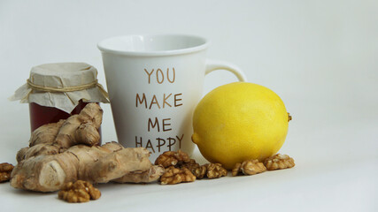 strengthen the immune system in winter with natural vitamins ginger tea honey lemon walnuts
