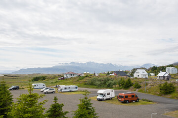 Motorhomes and Caravans on the campsite of Djupivogur in Iceland