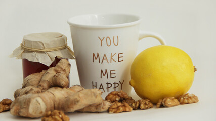 strengthen the immune system in winter with natural vitamins ginger tea honey lemon walnuts