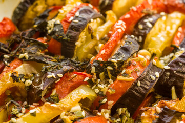 Ratatouille Diet Vegetarian Vegan Food - Oven Baked Provencal Traditional French Vegetable Dish, macro photo.