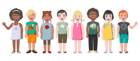 Multiethnic friends. Seven different kid faces. Asian, african and caucasian standing in summer clothes. isolated vector illustration