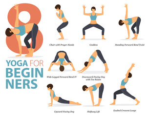 8 Yoga poses or asana posture for workout in Yoga for Beginners concept. Women exercising for body stretching. Fitness infographic. Flat cartoon vector