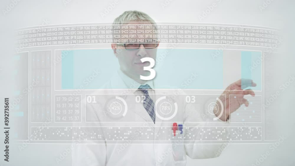 Poster scientist counts to 4 on a computer screen