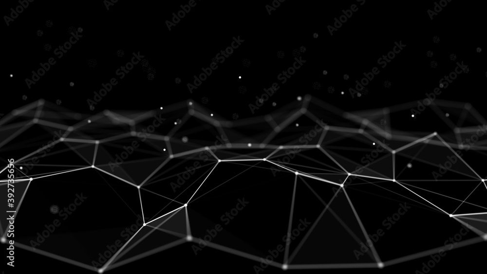 Poster wave 3d. wave of particles. abstract black geometric background. big data visualization. data techno