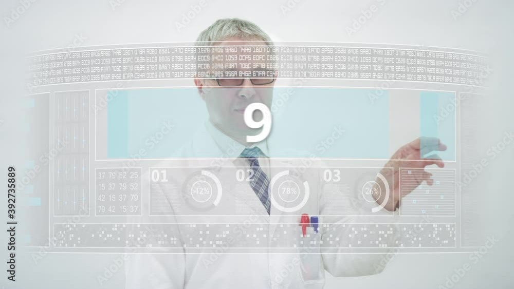 Poster scientist counts to 10 on a computer screen