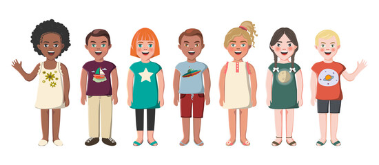 Multiethnic friends. Seven different kid faces. Asian, african and caucasian standing in summer clothes. isolated vector illustration