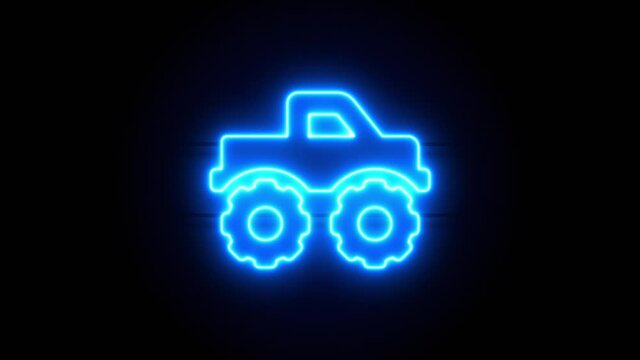 Monster Truck neon sign appear in center and disappear after some time. Animated blue neon icon on black background. Looped animation.
